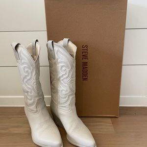 Steve Madden West White Leather Cowboy Mid Calf Block Heel Dagget Cowgirl Boots